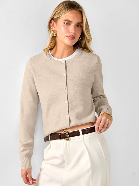 Suéteres tipo cárdigan ANRABESS para mujer 2026, atuendos de otoño | Suéter con botones, tejido suave de peso medio-ligero, cuello redondo de manga larga, ropa de capa clásica informal elegante para el trabajo - imagen 2