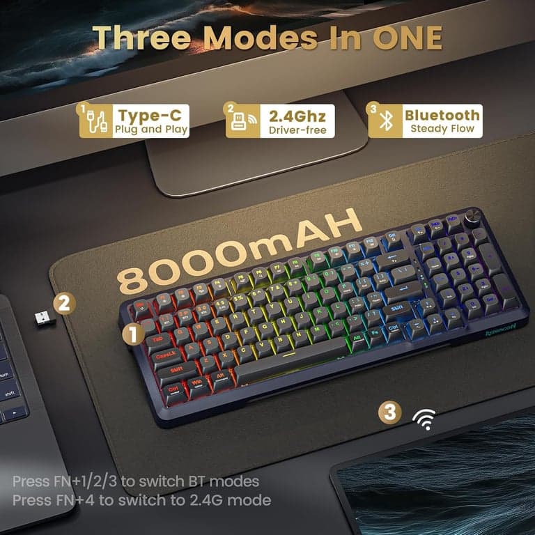 Teclado mecánico para juegos Redragon K688PRO inalámbrico de modo triple con junta | para juegos intercambiable en caliente de 8000 mAh con acolchado de cinco capas y perilla, BT/2.4GHz/USB-C, retroiluminación RGB, 98 teclas, teclado cremoso - imagen 3