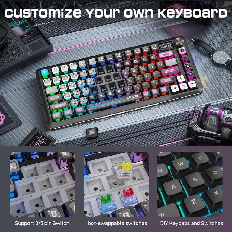 Teclado mecánico inalámbrico Redragon K708 con pantalla, perilla de volumen e interruptores prelubricados - para juegos RGB con junta de tres modos (Bluetooth/2.4G/USB-C), intercambiable en caliente, batería de 4000 mAh para PC, Mac, etc. - imagen 5