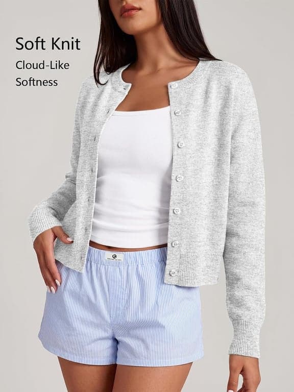 Suéteres cárdigan cortos Trendy Queen para mujer, ropa de moda de otoño 2026 | Tejido ligero con botones, prenda versátil para capas para otoño, primavera y oficina - imagen 2