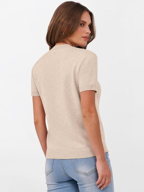 ANRABESS Suéteres de Manga Corta de Lana Mezclada para Mujer | Blusas de Trabajo Casual de Negocios Cuello Redondo, Tejido Cómodo Ligero, Suéter Clásico Pulóver, Atuendos de Primavera Verano Otoño - imagen 5