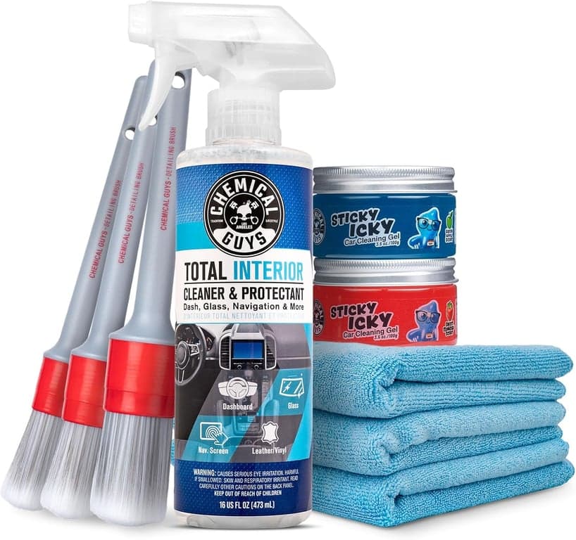 Chemical Guys, Kit de limpieza interior de coche de 9 piezas, limpiador, gel, cepillos | Gel de limpieza de coche Sticky Icky, cepillos de detallado y toallas de microfibra, paquete completo de limpieza y refresco interior de coche