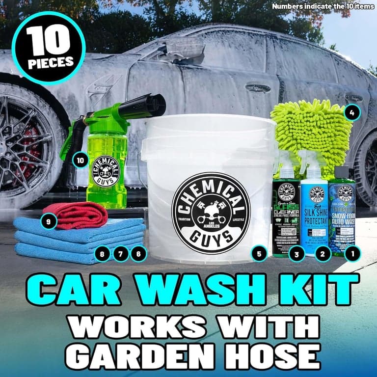 Chemical Guys, Kit de lavado de autos de 10 piezas con pistola de espuma | Pistola de espuma, balde y tres químicos de cuidado de 16 oz, funciona con cualquier manguera de jardín para una espuma espesa, suave y sin rayones - vista alternativa