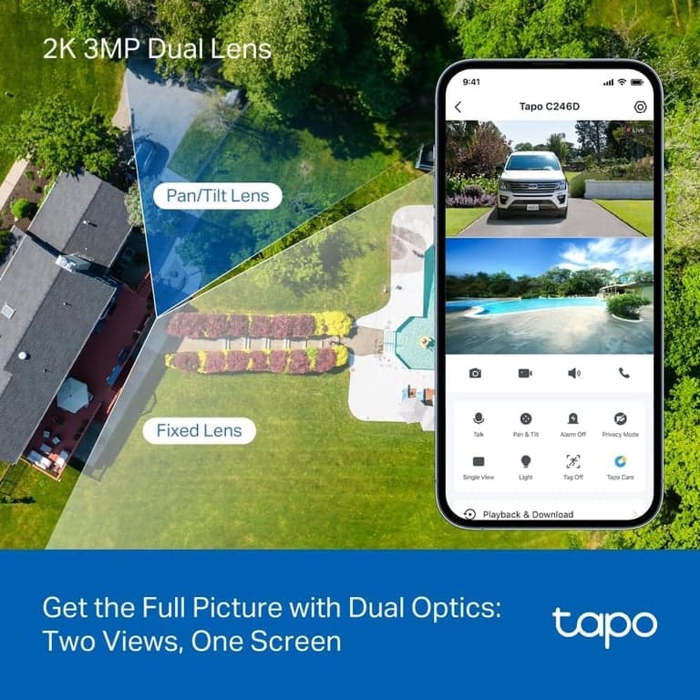 Cámara de seguridad con cable Tapo 2K para interiores/exteriores con doble lente Pan/Tilt, C246D - vista alternativa