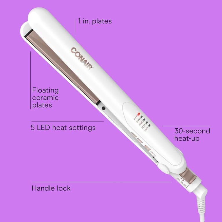 Plancha de pelo Conair Double Ceramic, plancha de pelo de 1 pulgada, cinco ajustes de calor, placas flotantes extralargas, blanca - vista alternativa