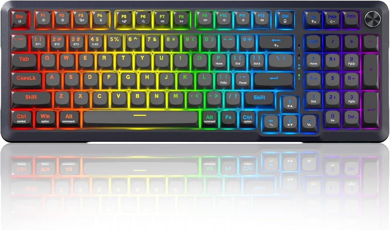 Teclado mecánico para juegos Redragon K688PRO inalámbrico de modo triple con junta | para juegos intercambiable en caliente de 8000 mAh con acolchado de cinco capas y perilla, BT/2.4GHz/USB-C, retroiluminación RGB, 98 teclas, teclado cremoso