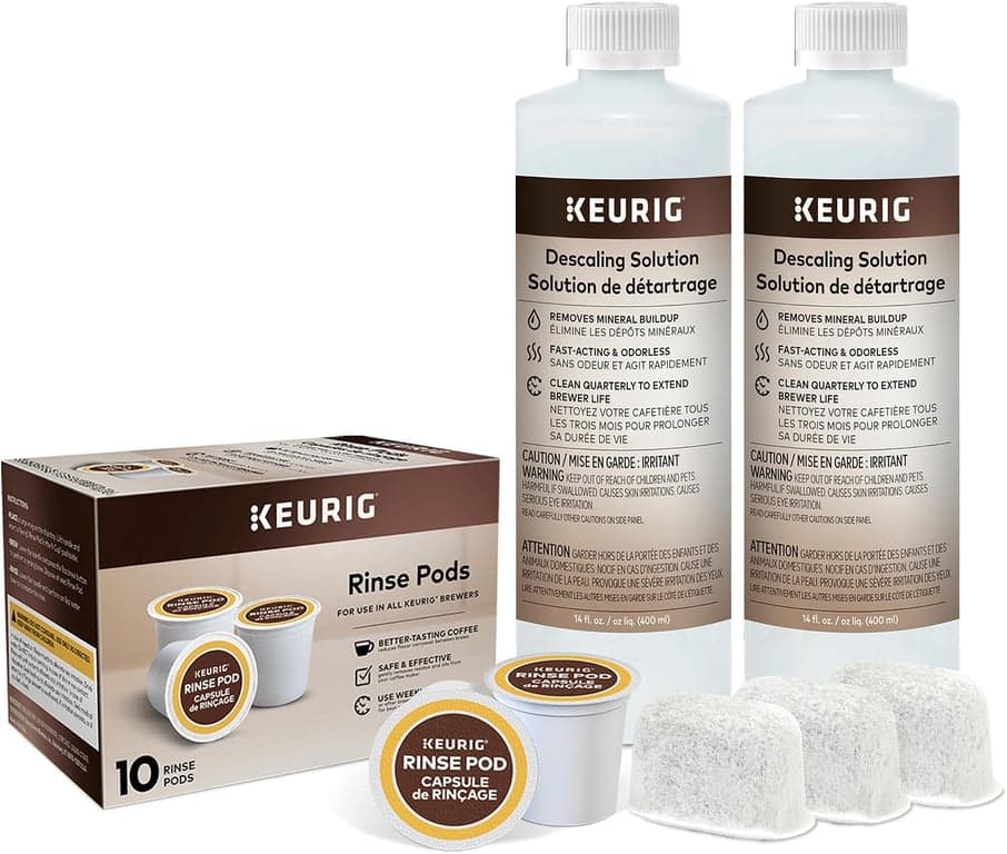 Keurig Kit de mantenimiento para cafetera de 6 meses, incluye solución descalcificadora, cápsulas de enjuague y cartuchos de filtro de agua, funciona con todas las cafeteras de cápsulas K-Cup