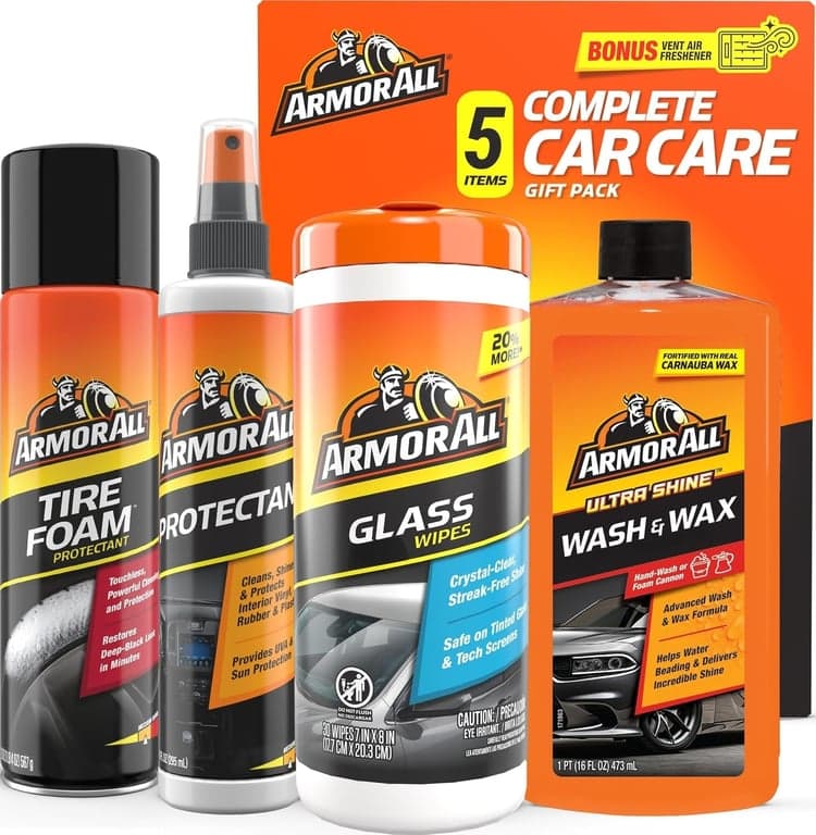 Kit de limpieza de autos Armor All, toallitas para vidrios, protector, lavado y cera, espuma para neumáticos | de detallado de lavado de autos de 4 piezas con toallitas para vidrios sin amoníaco y spray protector UV para superficies interiores