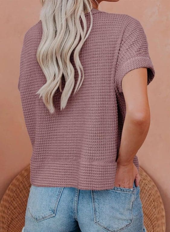 Dokotoo Blusas de Verano para Mujer 2026 Camisas de Punto Waffle con Botones | Modernas, Cuello V, Ajuste Holgado, Chaqueta, Manga Corta, Cárdigan de Verano, Cortas, Shacket, Atuendos para Salir, Elegantes - vista alternativa