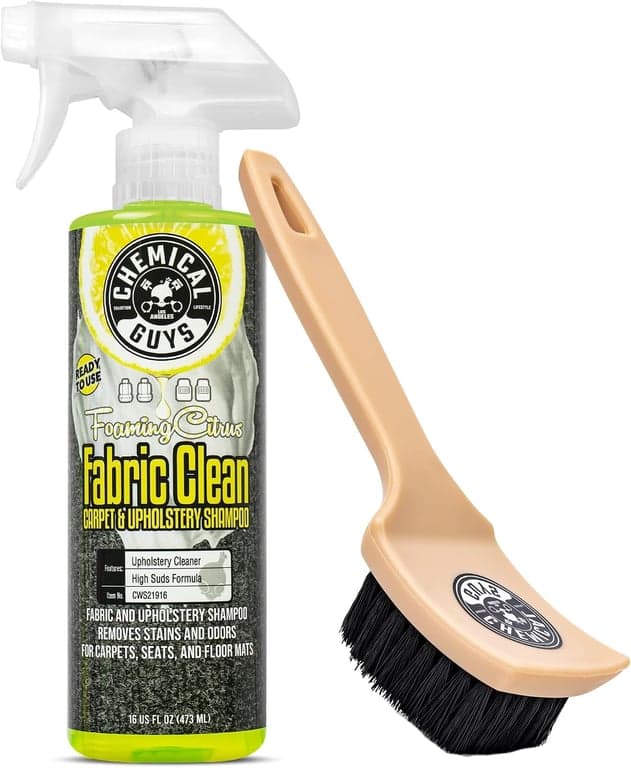 Chemical Guys, Spray Limpiador de Telas y Alfombras Cítrico con Kit de Cepillo, 16 oz | Con cepillo interior resistente y práctico, kit con aroma cítrico, spray para telas y kit combinado de cepillo interior, listo para uso inmediato