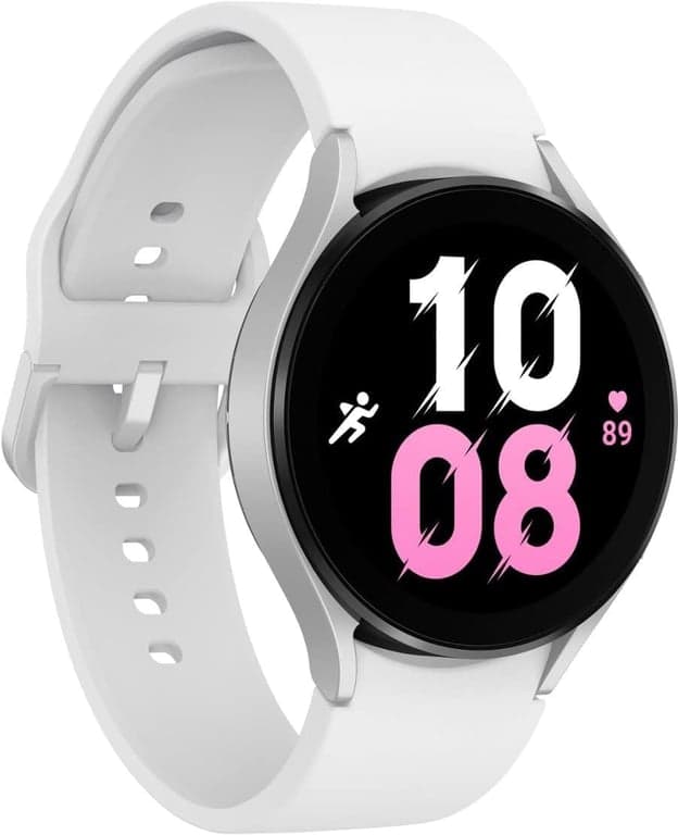 SAMSUNG Galaxy Watch 5 44mm Smartwatch Bluetooth con Rastreador de Cuerpo, Salud, Fitness y Sueño, Cristal de Zafiro, Seguimiento GPS Mejorado, Versión de EE. UU., Bisel Plateado con Correa Blanca (Renovado)