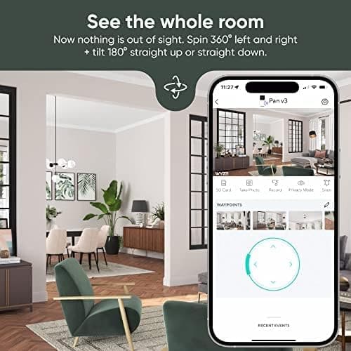 WYZE Cam Pan v3 Cámara de seguridad inteligente Wi-Fi para interiores/exteriores con clasificación IP65 1080p Panorámica/Inclinación/Zoom con visión nocturna a color, audio bidireccional, compatible con Alexa y Google Assistant, Blanca, Paquete de 2 (Renovada) - vista alternativa