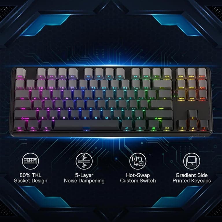 Teclado mecánico Redragon K707 PRO SE 80% inalámbrico Gasket RGB para juegos, 3 modos, 87 teclas TKL, con socket Hot-Swap, teclas PBT Dye-Sub y amortiguación de ruido de 5 capas, interruptor lineal personalizado - vista alternativa