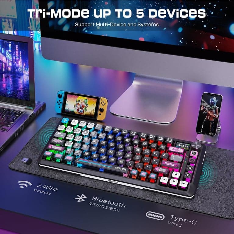 Teclado mecánico inalámbrico Redragon K708 con pantalla, perilla de volumen e interruptores prelubricados - para juegos RGB con junta de tres modos (Bluetooth/2.4G/USB-C), intercambiable en caliente, batería de 4000 mAh para PC, Mac, etc. - imagen 2