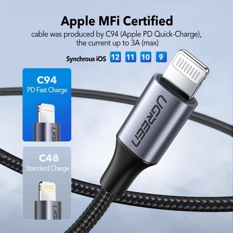 UGREEN Cable USB-C a Lightning, Certificado MFi, Compatible con PD, 3.3 ft (1 m), Carga Rápida, Lightning, Resistente, Trenzado de Nylon, con Varios iPhones y iPads, Plateado - imagen 2