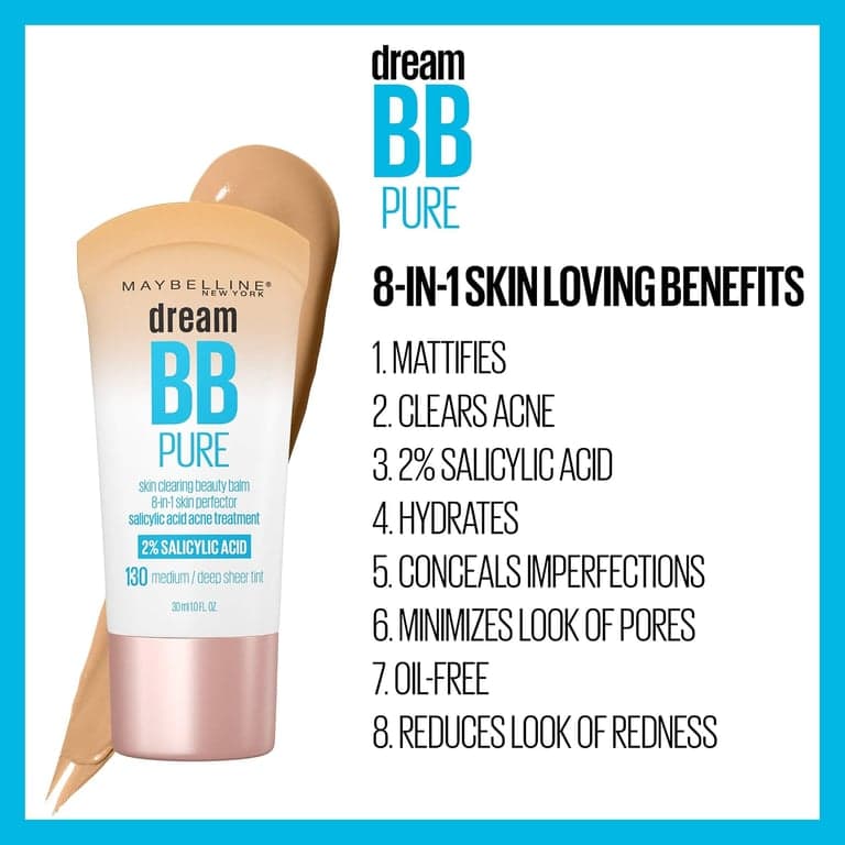 Maybelline Dream Pure Skin Clearing BB Cream, Bálsamo de Belleza Perfeccionador de Piel 8 en 1 con 2% de Ácido Salicílico, Cobertura Traslúcida, Libre de Aceite, Tono Oscuro, 1 Unidad - imagen 3