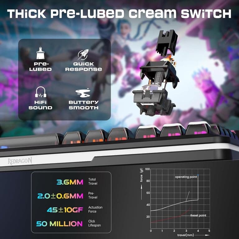 Teclado mecánico inalámbrico Redragon K708 con pantalla, perilla de volumen e interruptores prelubricados - para juegos RGB con junta de tres modos (Bluetooth/2.4G/USB-C), intercambiable en caliente, batería de 4000 mAh para PC, Mac, etc. - imagen 3
