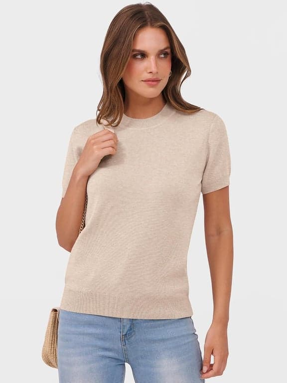 ANRABESS Suéteres de Manga Corta de Lana Mezclada para Mujer | Blusas de Trabajo Casual de Negocios Cuello Redondo, Tejido Cómodo Ligero, Suéter Clásico Pulóver, Atuendos de Primavera Verano Otoño - imagen 4