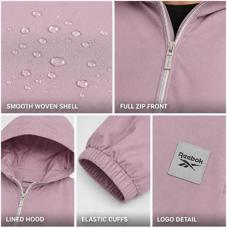 Reebok Womens Rain Jacket - Lightweight Full-Zip Coat with Hood & Pockets | Smooth Water-Resistant Woven Shell Blocks Wind & Drizzle, Breathable Layering for Commutes, Travel or Everyday Outdoor Wear - imagen 3