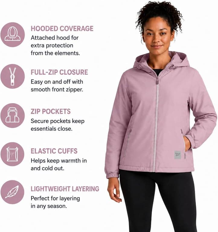 Reebok Womens Rain Jacket - Lightweight Full-Zip Coat with Hood & Pockets | Smooth Water-Resistant Woven Shell Blocks Wind & Drizzle, Breathable Layering for Commutes, Travel or Everyday Outdoor Wear - imagen 4