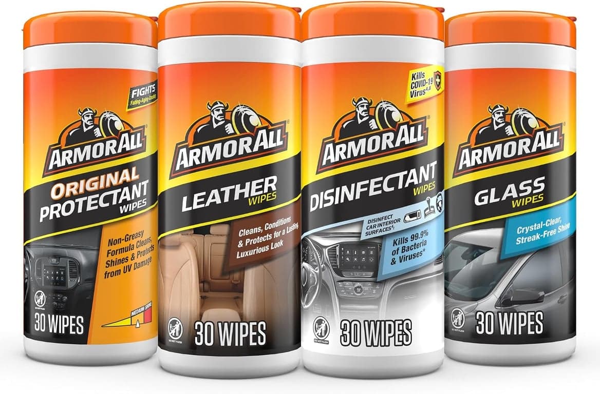 Kit de toallitas de limpieza interior para auto Armor All, desinfecta, protege y limpia interiores de autos, incluye toallitas para cuidado de cuero, toallitas para vidrios, toallitas desinfectantes y toallitas protectoras, 4 unidades