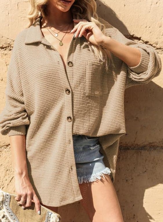 Dokotoo Womens Waffle Knit Shacket Jacket Casual Button Down Shirts Tops | Manga Larga, Ajuste Holgado, Estilo Novio, Cuello en V, Cárdigan de Otoño, Abrigo con Bolsillos - imagen 2