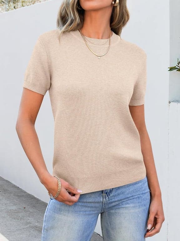 ANRABESS Suéteres de Manga Corta de Lana Mezclada para Mujer | Blusas de Trabajo Casual de Negocios Cuello Redondo, Tejido Cómodo Ligero, Suéter Clásico Pulóver, Atuendos de Primavera Verano Otoño - vista alternativa