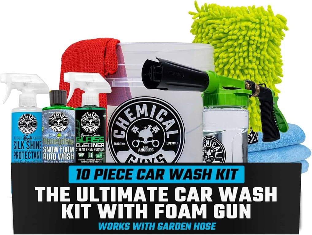 Chemical Guys, Kit de lavado de autos de 10 piezas con pistola de espuma | Pistola de espuma, balde y tres químicos de cuidado de 16 oz, funciona con cualquier manguera de jardín para una espuma espesa, suave y sin rayones