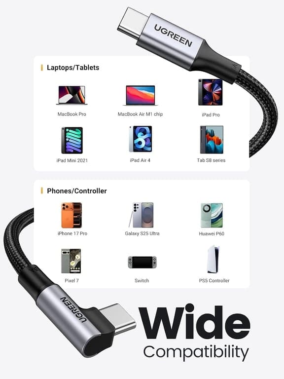 UGREEN Cable USB C en Ángulo Recto de 100W, de Carga Rápida, 10ft (Paquete de 2) - imagen 4