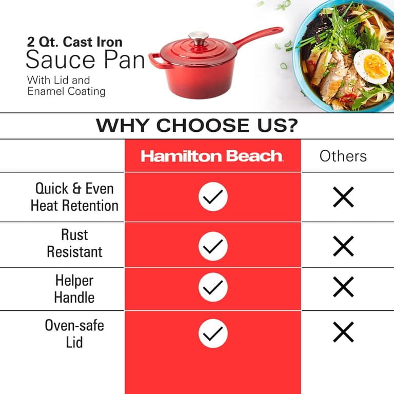 Hamilton Beach Olla para salsa de hierro fundido esmaltado de 2 cuartos, rojo, revestimiento de esmalte crema, olla para estufa y horno, distribución uniforme del calor, segura hasta 400 grados, duradera - imagen 3