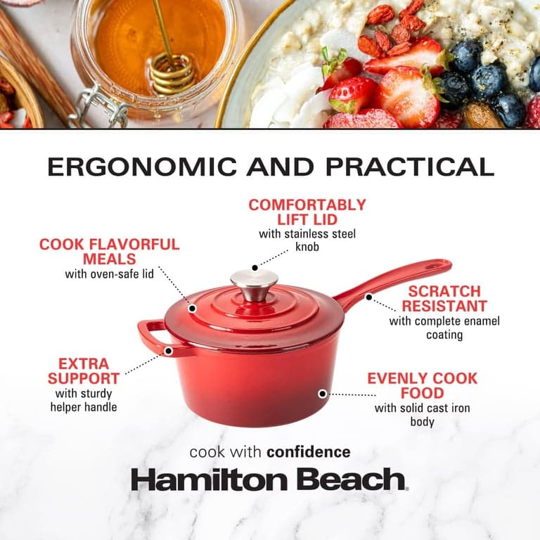 Hamilton Beach Olla para salsa de hierro fundido esmaltado de 2 cuartos, rojo, revestimiento de esmalte crema, olla para estufa y horno, distribución uniforme del calor, segura hasta 400 grados, duradera - imagen 4