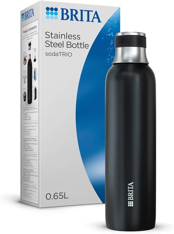 BRITA Botella de acero inoxidable negra para carbonatador de agua SodaTRIO [0.65 L] - de acero inoxidable premium aislada y de doble pared con elegante anillo de silicona en la tapa para un manejo antideslizante, pequeña