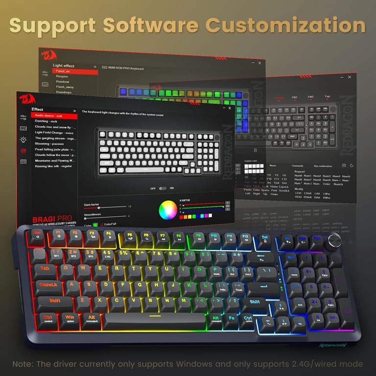 Teclado mecánico para juegos Redragon K688PRO inalámbrico de modo triple con junta | para juegos intercambiable en caliente de 8000 mAh con acolchado de cinco capas y perilla, BT/2.4GHz/USB-C, retroiluminación RGB, 98 teclas, teclado cremoso - imagen 5