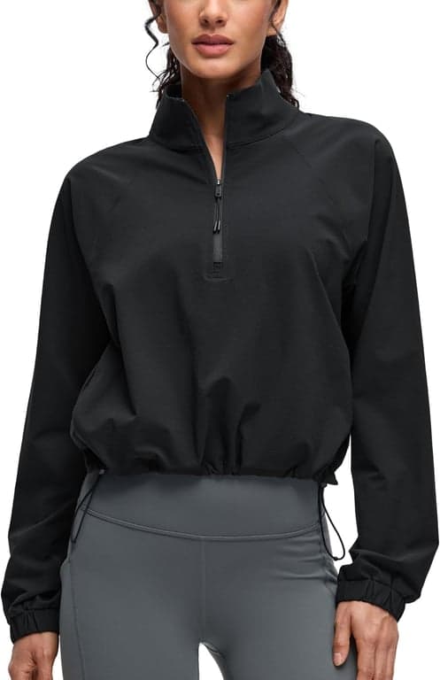 CRZ YOGA Chaquetas deportivas con cordón en la parte inferior | Ligeras, para senderismo, media cremallera, bolsillos laterales, tipo suéter, para mujer