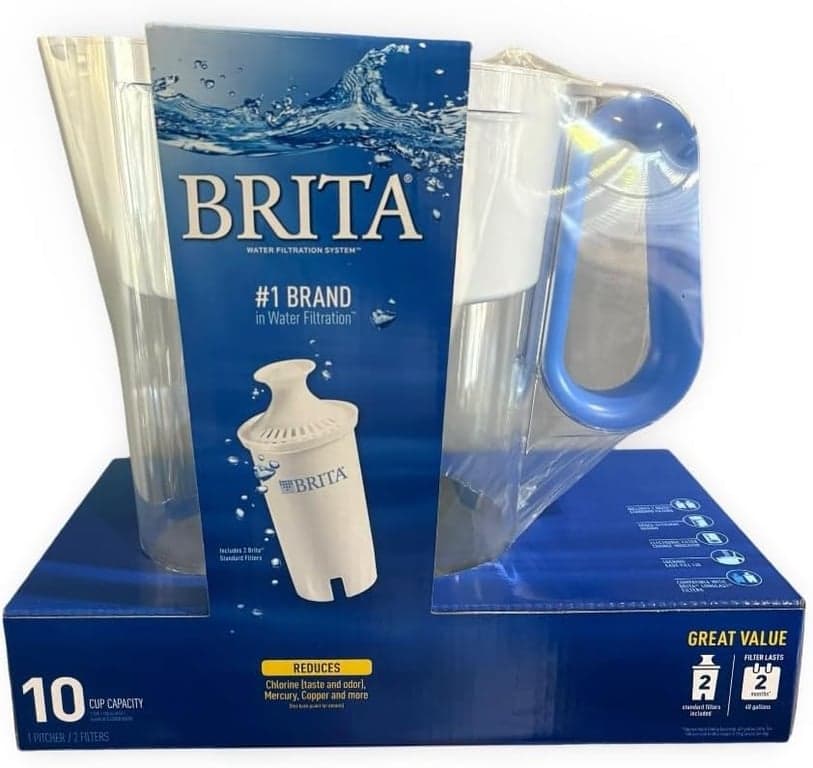 Jarra Grande con Filtro de Agua Brita con 2 Filtros Estándar, Capacidad de 10 Tazas, Sin BPA, Azul, Reduce Cloro Mercurio Cobre