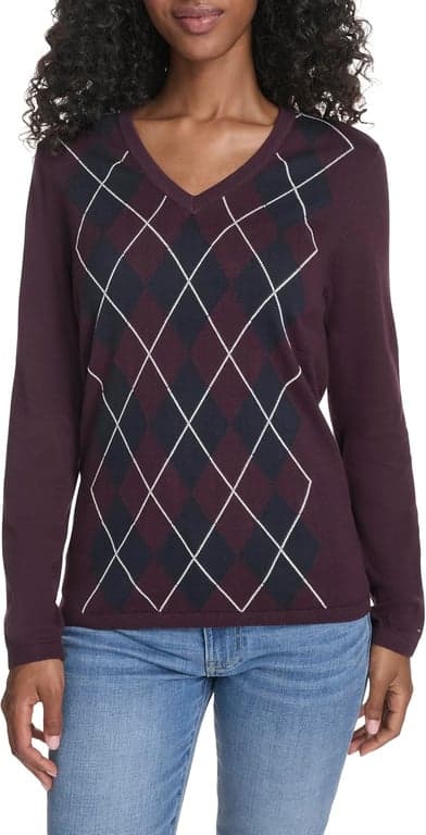 Suéter Tommy Hilfiger de algodón con cuello en V y manga larga para mujer