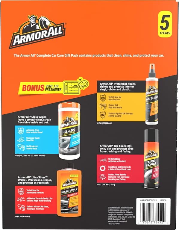 Kit de limpieza de autos Armor All, toallitas para vidrios, protector, lavado y cera, espuma para neumáticos | de detallado de lavado de autos de 4 piezas con toallitas para vidrios sin amoníaco y spray protector UV para superficies interiores - imagen 5