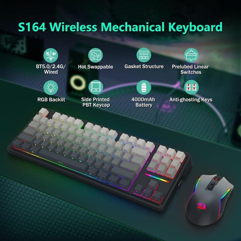 Combo de teclado y mouse mecánico inalámbrico Redragon, retroiluminación RGB, negro - vista alternativa