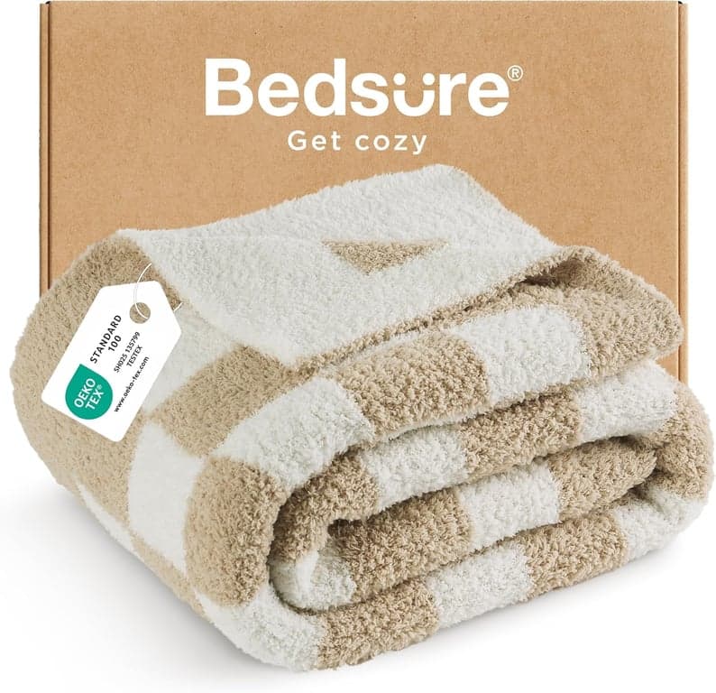 Manta de tiro Bedsure beige para sofá, manta a cuadros suave y acogedora, mantas de tiro de punto cálidas y ligeras para cama, sofá, camping, picnic, viajes, regalos para mujeres y hombres, 50x60 pulgadas