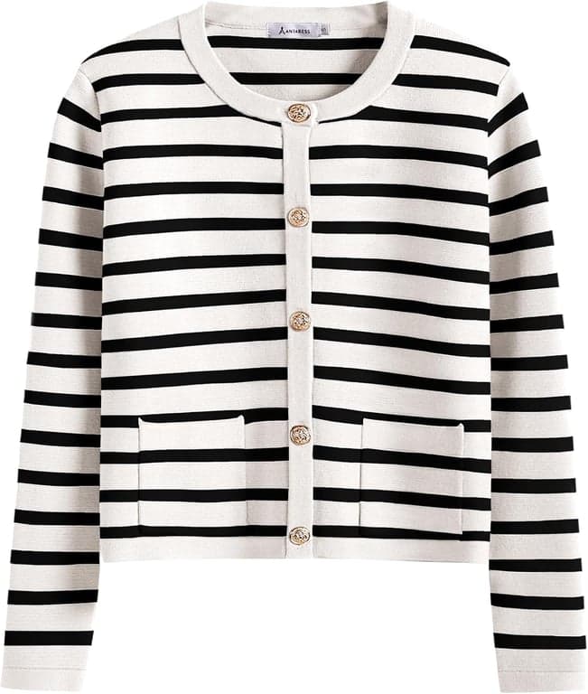 ANRABESS Suéteres Cárdigan Cortos con Botones para Mujer | Rayas y Sólidos, Bolsillos, Chaqueta de Otoño para Dama, Ligeramente Holgada, Abrigo Clásico Casual Elegante, Uso Diario para Viajes y Hogar