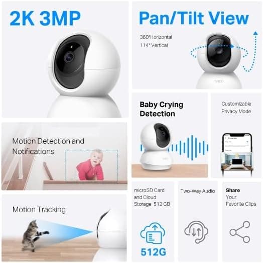 Cámara de seguridad Tapo 2K con movimiento horizontal/vertical para monitor de bebé, cámara para perros con detección de movimiento, sirena de audio bidireccional, visión nocturna, almacenamiento en la nube y tarjeta SD, funciona con Alexa y Google Assistant, paquete de 2 (Tapo C210P2) - imagen 2