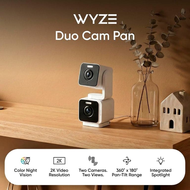 WYZE Duo Cam Pan Cámara de seguridad inteligente para interiores/exteriores IP65 2K 360° Panorámica/Inclinación con visión nocturna a color, compatible con Alexa y Google Assistant, blanca - vista alternativa