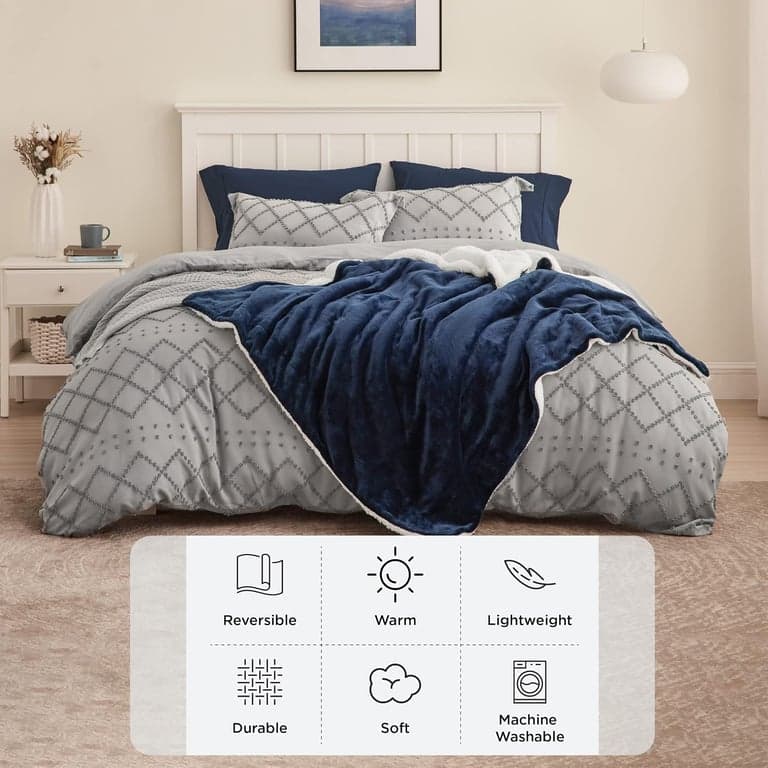 Manta de sofá de forro polar Sherpa Bedsure - Mantas y cobertores gruesos, suaves y cálidos para sofá, 50x60 pulgadas, azul marino y gris oscuro - imagen 2