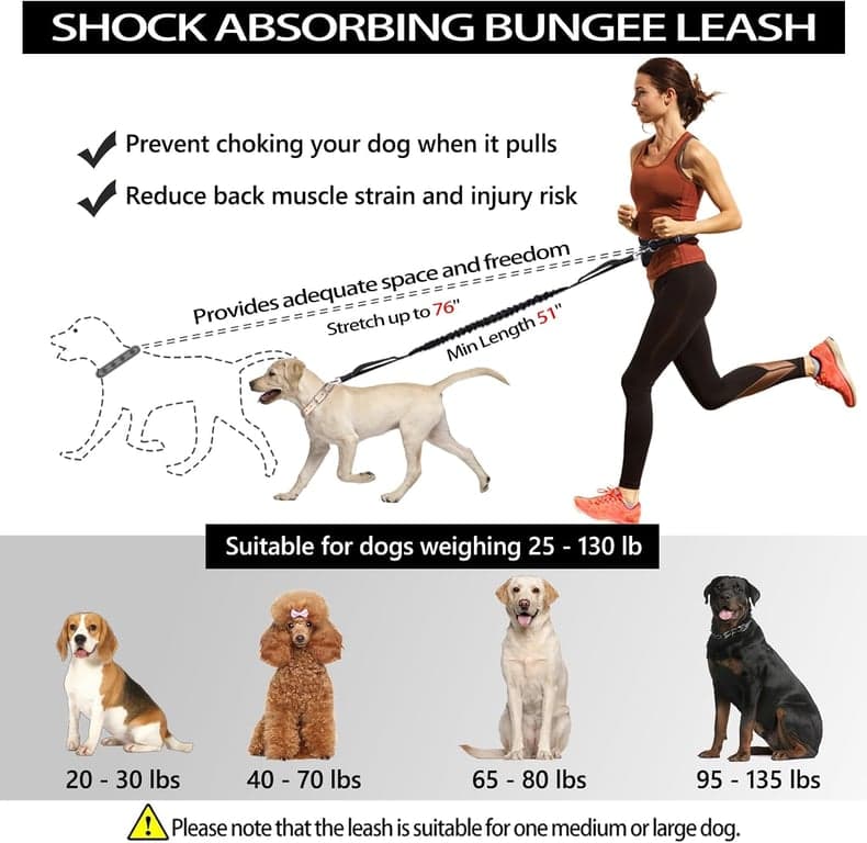 Correa para perro manos libres, correa de cintura para correr con cremallera, bolsa para caminar para perros medianos y grandes, doble asa y bungee retráctil para entrenamiento, trote, senderismo - vista alternativa
