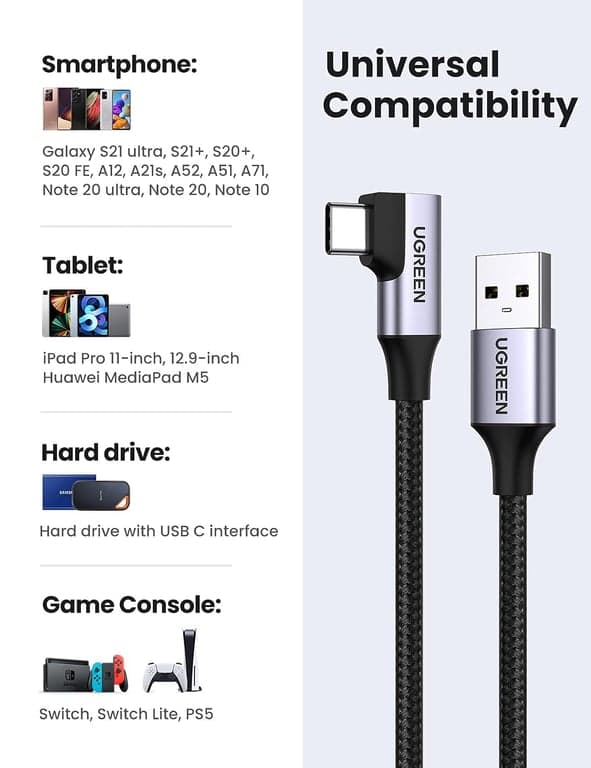 UGREEN Cable USB a C 3.0 Carga Rápida, A a C de 5Gbps en Ángulo Recto, Tipo C Trenzado de Nylon Compatible con iPhone 15/15 Plus/15 Pro, Galaxy S24/S23/S10/S10+, Pixel 8/7, 3.3FT - imagen 4