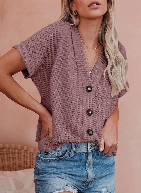 Dokotoo Blusas de Verano para Mujer 2026 Camisas de Punto Waffle con Botones | Modernas, Cuello V, Ajuste Holgado, Chaqueta, Manga Corta, Cárdigan de Verano, Cortas, Shacket, Atuendos para Salir, Elegantes - imagen 3
