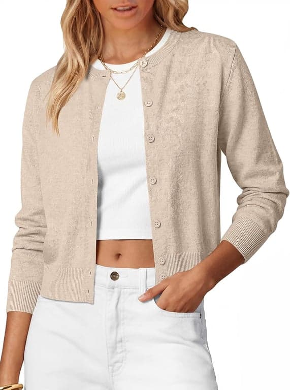 Suéteres tipo cárdigan ANRABESS para mujer 2026, atuendos de otoño | Suéter con botones, tejido suave de peso medio-ligero, cuello redondo de manga larga, ropa de capa clásica informal elegante para el trabajo