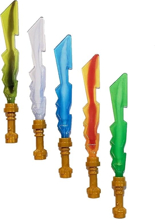 2013 LEGO Ninjago Ninja Elemental Blades - Surtido personalizado de 5 espadas elementales con empuñaduras doradas perladas - Tierra, Fuego, Hielo, Rayo y una para Lloyd el Verde