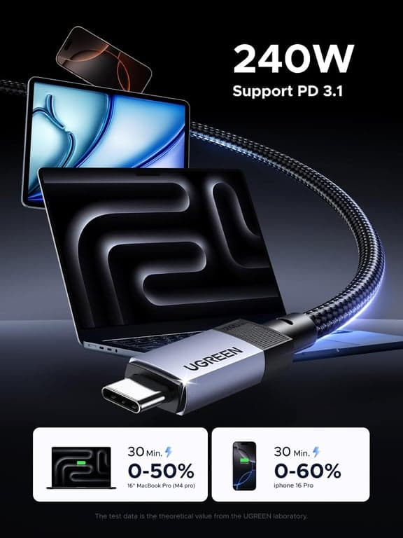 UGREEN Cable USB C 240W Gen2 10Gbps 3.2, Salida de Video 4K 60Hz Carga Rápida Compatible con iPhone 17/16/15 Pro Max, NVMe SSD, Monitor, Galaxy S26/S25/S24 Ultra, MacBook Pro, 3.3FT (Paquete de 2) - imagen 3