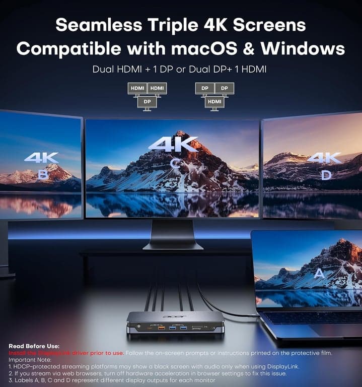 Estación de acoplamiento DisplayLink Acer 16 en 1, Triple 4K@60Hz, Adaptador de corriente de 130W - imagen 2
